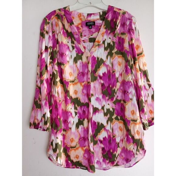 Jones New York Purple/Pink Tie Dye Pasley Linen V-Neck Blouse size Medium - Picture 1 of 7